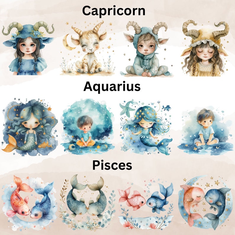 Baby Zodiac Signs Clipart, Baby Zodiac Bundle PNG, Cute Watercolor Zodiac Babyshower Clipart PNG, Nursery Decoration png, astrology clipart