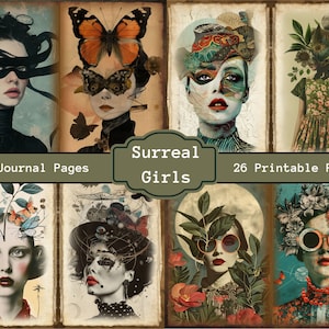 Surreal girls junk journal pages, quirky girls printables, whimsical girls, vintage printables, surreal scrapbook printable supplies
