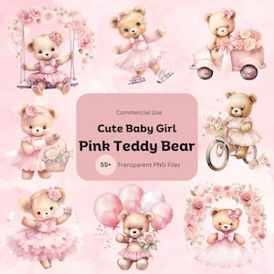 Clipart de oso de peluche rosa, clipart PNG de baby shower rosa con acuarela, clipart PNG de decoración de guardería, clipart de niña rosa, clipart de recién nacido