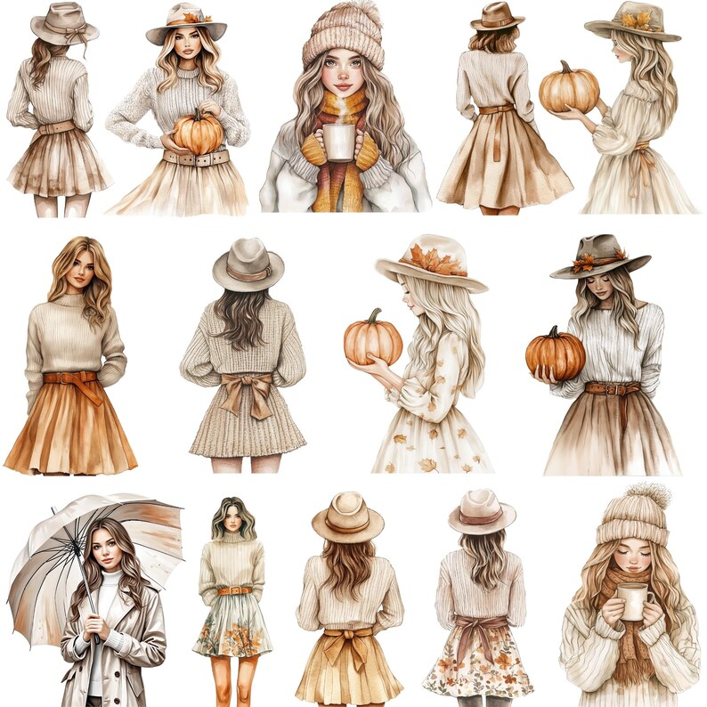 Neutral Fall Clipart, Watercolor Boho Fall PNG bundle, Cosy Fall Clipart, cosy autumnal designs, neutral beige fall, Thanksgiving clipart
