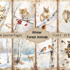 Páginas de diário de lixo de animais da floresta de inverno, papéis de animais fofos da floresta de inverno em aquarela, papel de diário de lixo de inverno com neve, folha de colagem