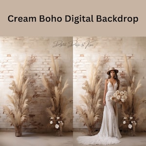 Pode incluir: Um cenário digital com uma parede de tijolo branco com dois arranjos de capim-das-pampas seco em vasos altos. Uma mulher com um vestido branco e um chapéu de abas largas fica em frente à parede, segurando um buquê de flores secas. O texto "Digital Design by Kasia" é visível no canto superior direito.