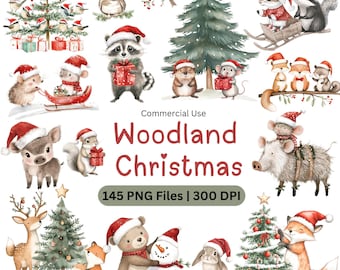 Woodland Christmas Clipart Bundle: Festive Animals, Holiday Graphics (PNG Digital Download)