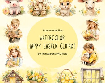 Aquarell Ostern Clipart Bundle: Kaninchen, Lamm, Küken PNG (digitaler Download)