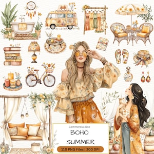 Boho Sommer Clipart Bundle, Aquarell Rustikal Boho Vibes PNG, Sommer Cottagecore Clipart, digitale Aufkleber, Sommer Clipart, Scrapbooking