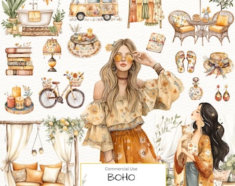 Zestaw letnich clipartów Boho: akwarela Cottagecore PNG (pobieranie cyfrowe)