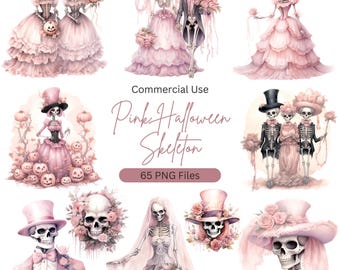 Pink Halloween Skeleton Clipart Bundle: Vintage Spooky PNG Graphics (Digital Download)