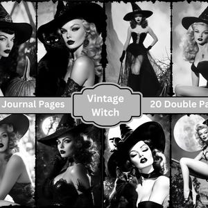 Páginas vintage do Witch Junk Journal, pin-ups glam de Hollywood em preto e branco, papéis sexy de bruxa de Halloween, reserva de sucata para impressão, papéis de Halloween