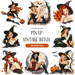 Sexy Vintage Hexe Clipart Bundle, Pin Up Hexe PNG, Retro Hexe Halloween Clipart, Halloween Grafiken, 1950er Jahre Vintage Clipart, Pin Up Girls