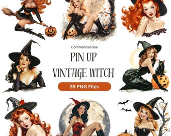 Vintage Pin-Up Witch Clipart Bundle: 1950s Retro Halloween PNG (Digital Download)