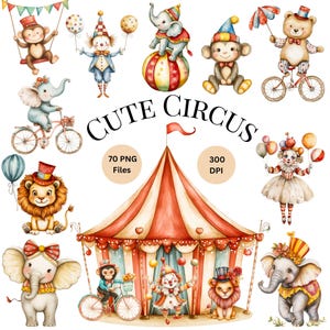 Niedliches Zirkus Clipart Bundle, Aquarell Zirkus, Zirkustiere PNG, Kinderzimmerdekoration, Babyparty Clipart, Karneval Clipart, Baby Clipart
