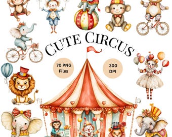 Watercolor Circus Clipart Bundle, Carnival Animals PNG (Digital Download)