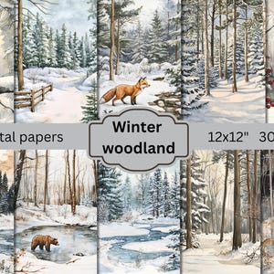 Papel digital imprimible con escenas de bosques invernales, hojas imprimibles de paisajes invernales, páginas de bosques nevados, papeles de collage, fondo de invierno