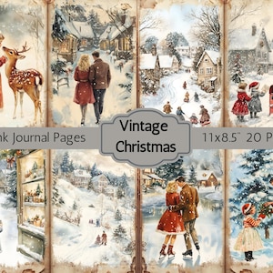 Aquarel vintage kerstrommeldagboekpagina's, retro Winter Wonderland ongewenste dagboekpapieren, winterpapier, kerstplakboekpapier
