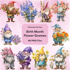 Aquarelle nains de fleurs mois mois de naissance des cliparts, des nains de jardin PNG Bundle, des cliparts du mois de naissance, des fleurs de mois de naissance PNG, des cliparts nain de fleurs