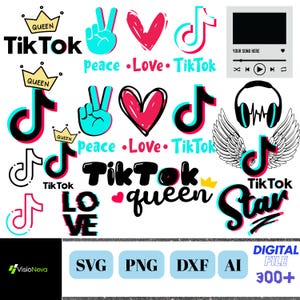 May include: A digital file with multiple TikTok-themed graphics. Designs include the TikTok logo, peace signs, hearts, crowns, and the words "Peace," "Love," and "Queen." The file formats are SVG, PNG, DXF, and AI.