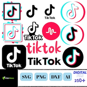 Könnte beinhalten: Eine Sammlung von TikTok-Logos in verschiedenen Designs. Die Logos zeigen das ikonische Notensymbol in Schwarz, Weiß, Rot und Blau. Einige Logos enthalten das Wort "TikTok" in verschiedenen Schriftarten. Das Bild enthält auch Dateityp-Symbole: SVG, PNG, DXF und AI.