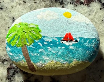 Handpainted Tropical Beach Rock Art – Palm Tree, Sailboat, Ocean Scene