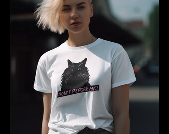 May include: White t-shirt with a black cat illustration and the text "DON'T PSSPRPS ME!" in pink.