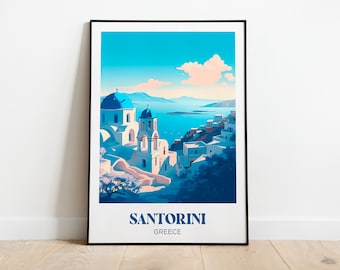 サントリーニ島、ギリシャ諸島、ギリシャ、ギリシャブルーの旅行ポスター - 壁装飾 - イラスト - ヴィンテージ旅行ポスター
