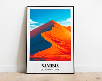 May include: A framed poster with a colorful illustration of a large sand dune in Namibia. The text "NAMIBIA BIG MAMMA DUNE" is at the bottom of the poster.