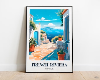 Peut inclure: Une illustration colorée d'un bâtiment blanc avec une porte bleue et un patio donnant sur l'océan. Le texte "FRENCH RIVIERA FRANCE" est en bas de l'image.