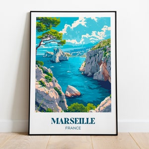 Calanques Marseille Travel Poster, Mediterranean Wall Art Print, Marseille Painting Illustration,Printable Marseille Watercolor Home Decor