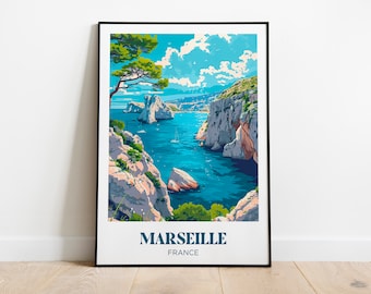 Calanques Marseille Travel Poster, Mediterranean Wall Art Print, Marseille Painting Illustration,Printable Marseille Watercolor Home Decor