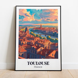 Poster di viaggio di Tolosa, illustrazione di Tolosa, cornice decorativa di Tolosa, poster della città rosa di Tolosa, poster dell'Occitania dell'Alta Garonna
