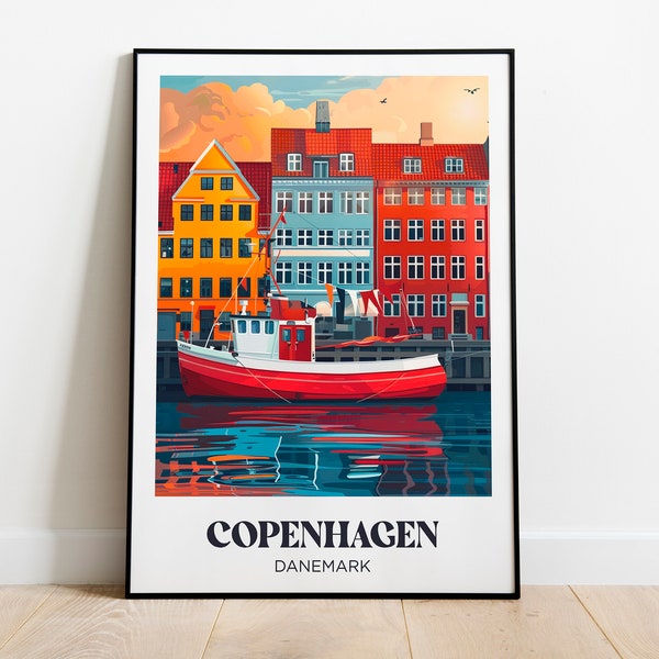 Affiche voyage Copenhague, Danemark - Illustration ville Copenhague - Poster de voyage Copenhague - Décoration murale Copenhague