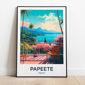 Papeete Reiseplakat, Paradieslandschaft von Französisch-Polynesien, Pazifik, Bora Bora, Moorea - Illustration - Retro Reiseplakat