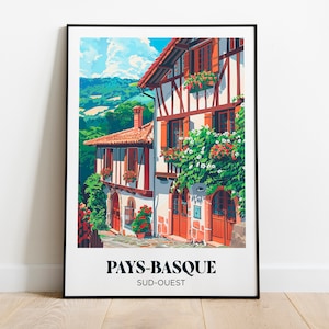 Manifesto Paesi Baschi, Etxea, casa basca, peperoni di Espelette - Illustrazione - Manifesto di viaggio retrò