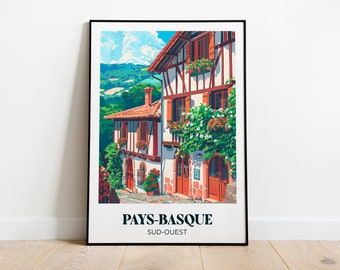 Pays basque Travel Poster,Pays Basque Wall Art Print,Lake Painting Illustration,Printable Espelette Lake Watercolor Home Decor
