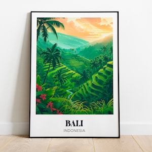 Bali Travel Poster,Flowers and palm trees Wall Art Print,Bali island Painting Illustration,Printable Bali Watercolor Home Decor