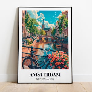 Póster de Ámsterdam, ilustración de Ámsterdam, decoración de pared de Ámsterdam, póster de viaje de Ámsterdam, póster de Ámsterdam, Países Bajos, Holanda