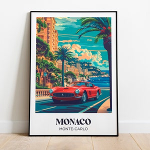 Poster turistico di Monaco, Monte-Carlo - Decorazione murale di Monaco - Illustrazione di Monaco - Poster retrò vintage della Ferrari di Monaco - Poster della Ferrari
