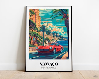 Peut inclure: Une Ferrari rouge sportive roule sur une route avec des palmiers et des bâtiments en arrière-plan. Le texte "MONACO MONTE-CARLO" est en bas de l'image.