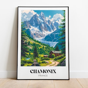 Chamonix reisposter, Franse Alpen, Frankrijk - Bergposter - Berghutdecoratie - Illustratie - Retro reisposter