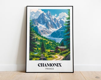 May include: A vintage travel poster featuring a scenic view of the French Alps in Chamonix, France. The poster depicts a mountain range with snow-capped peaks, a glacier, and a lush green valley with a small wooden cabin. The text "Chamonix, France" is printed at the bottom of the poster.