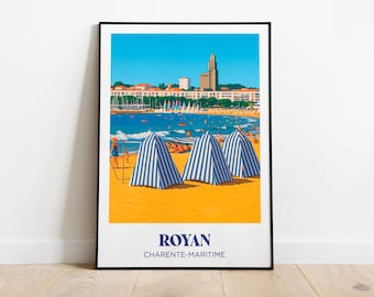 Puede incluir: Un póster enmarcado que presenta una escena de playa en Royan, Francia. La obra de arte representa una playa soleada con cabañas de playa a rayas azules y blancas, una orilla arenosa y un cielo azul claro. Incluye el texto "ROYAN CHARENTE-MARITIME".