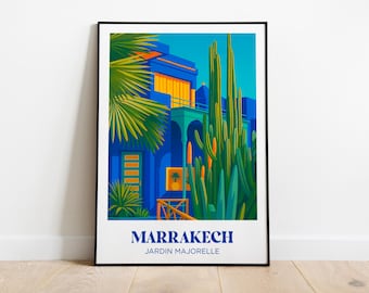 Poster di viaggio Marrakech - Illustrazione del Giardino Majorelle - Poster del Giardino Majorelle - Decorazione del Marocco - Poster di Marrakech - Blu Majorelle