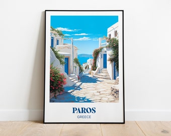 Puede incluir: Una ilustración enmarcada de una calle encalada en Paros, Grecia. La calle está bordeada de edificios blancos con puertas y ventanas azules. La calle está pavimentada con piedra y conduce a una vista del mar azul.