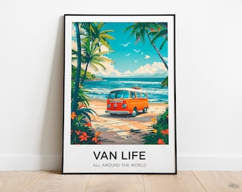 Puede incluir: Un póster con una furgoneta naranja vintage aparcada en una playa con palmeras y el texto "VAN LIFE ALL AROUND THE WORLD".