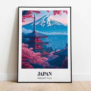 Póster de viaje a Japón, ilustración del monte Fuji, decoración de póster japonés, póster de viaje a un templo japonés, regalo de viaje a Japón