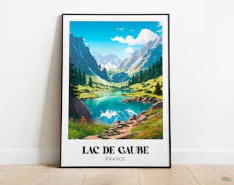 Lac de Gaube Travel Poster,French Pyrenees Wall Art Print,Lake Painting Illustration,Printable French Pyrenees Lake Watercolor Home Decor