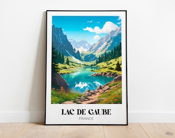 Affiche voyage Lac de Gaube, Affiche Pyrénées, Lac randonnée, La Mongie, Bagnères-de-Bigorre, Vignemale - Illustration - Travel poster rétro