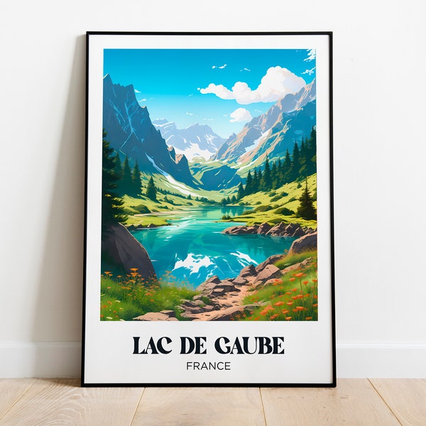 Affiche voyage Lac de Gaube, Affiche Pyrénées, Lac randonnée, La Mongie, Bagnères-de-Bigorre, Vignemale - Illustration - Travel poster rétro