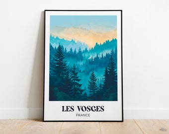 Puede incluir: Un póster enmarcado con una ilustración de acuarela azul y verde de un bosque con el texto "LES VOSGES FRANCIA" en la parte inferior.