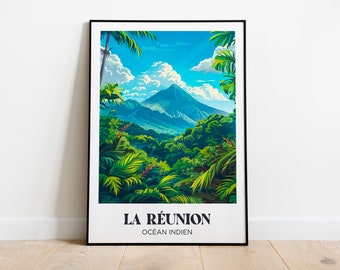 Cartel de viaje Isla Reunión, Pitón de la Fournaise - Ilustración Isla Reunión - Cartel Isla Reunión - Cartel de viaje Isla Reunión
