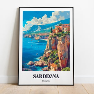 Póster de viaje a Cerdeña - Ilustración de Cerdeña - Póster de viaje a Cerdeña - Decoración de pared de Cerdeña, Italia - Póster del mar Mediterráneo